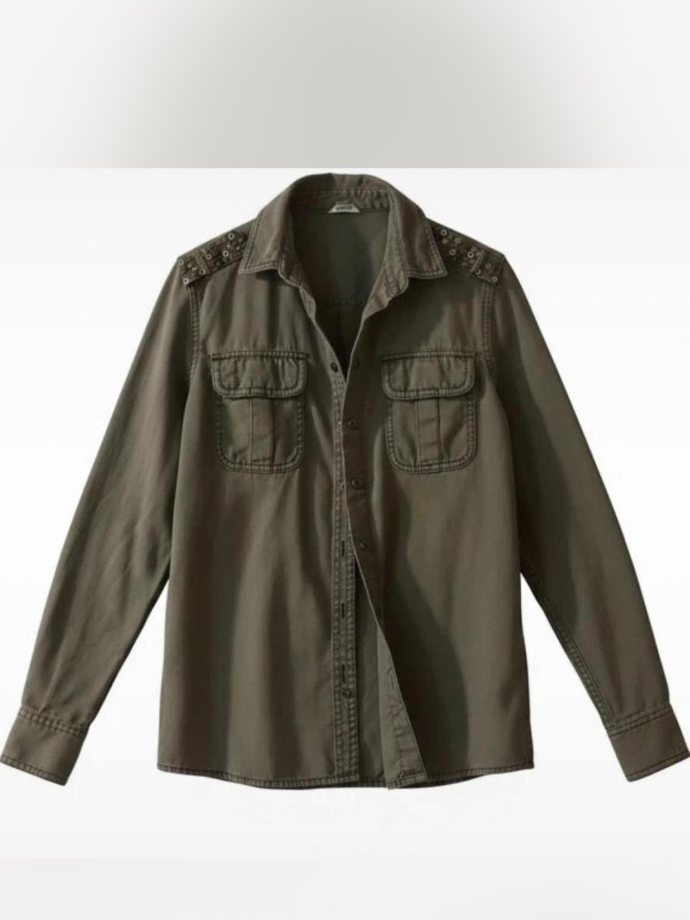 Fossil Olive Green Shirt Jacket with Studded Rivet Shoulders